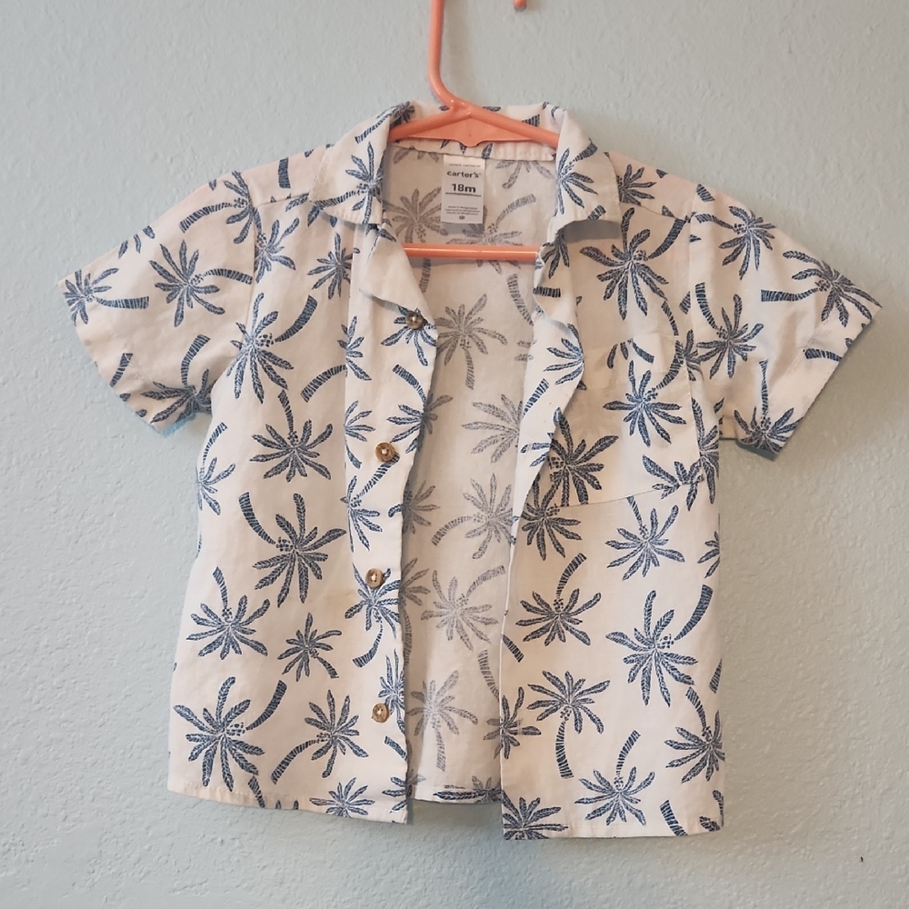 Carter's White and Blue Palm Button Down Shirt 18m